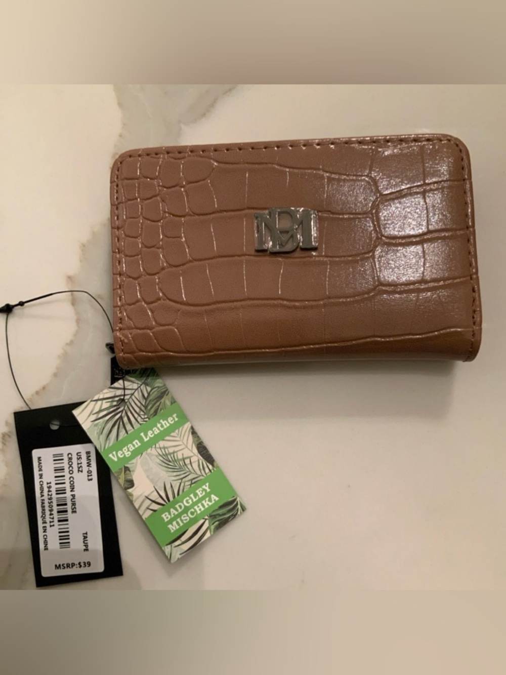 Badgley Mischa Crocco Vegan Leather Taupe Card Holder Coin Purse NWT